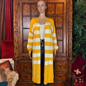 Bold Yellow White Stripe Side Slits Duster Cardigan